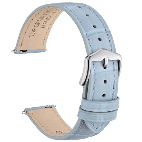 Image of WOCCI 16mm Alligator Embossed Leather Watch Strap for Women, Top Grain Leather, Quick Release, Silver Buckle (Light Blue)
