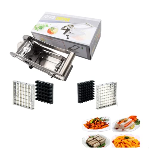 French Fry Cutter with Two Blades and Three No-Slip Suction Base, 430 Stainless Steel Potato Slicer for Potatoes Onion Cucumber Carrots