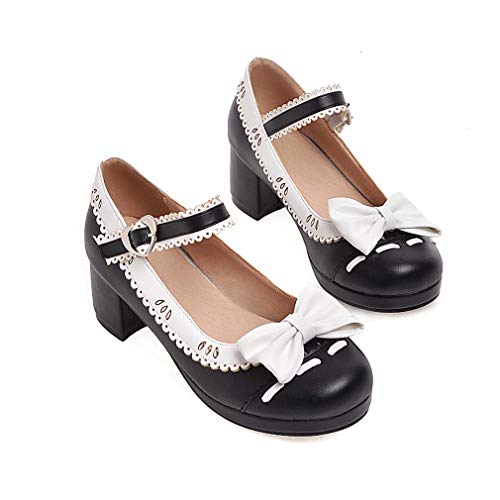 Elyffany ELFY Women's Cute Lolita Cosplay Shoes Bow Mid Chunky Heel Mary Jane Pumps