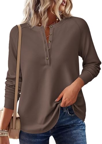 Image of PRETTYGARDEN Women's Long Sleeve Waffle Knit Henley Shirts Loose Tunic Tops