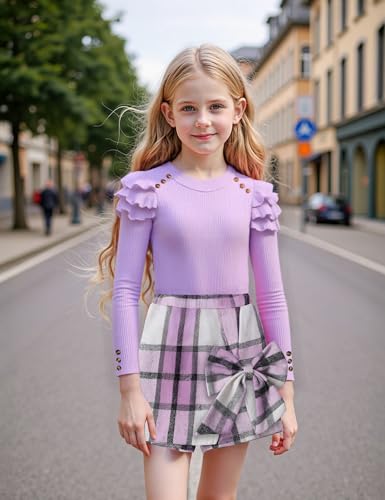 Image of Girls Clothes 2 Piece Ruffle Long Sleeve Shirt Top and Bow Plaid Skirt Set Girls Fall Winter Outfits 6-16 Years