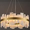 Alabaster Round Chandelier, 32 Inch Natural Spanish Marble Stone Texture Chandeliers, Dimmable Dining Room Chandelier over Table, Modern Luxury Lighting for Living Room, Bedroom, Entryway, Foyer