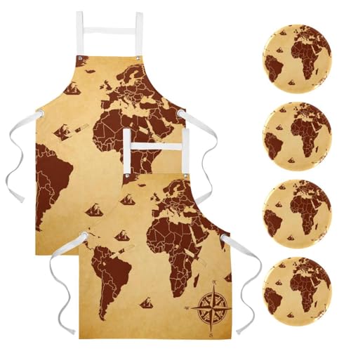 Tablier de cuisine anti-salissure marron carte du monde pour protéger vos vêtements au travail