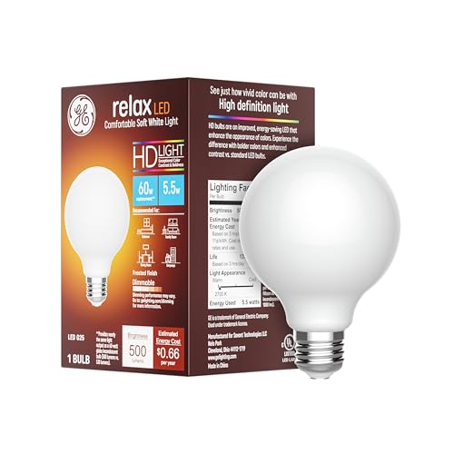 GE Relax LED Light Bulb, 60 Watt, Soft White, G25 Globe Bulb, Frosted,