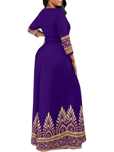 Image of Plus Size Maxi Dress for Women V Neck 3 /4 Sleeve Wrap Dress