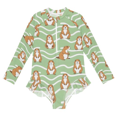 Gopher Pattern on Green Girls Rash Guard Swimsuits Long Sleeve One Pieces Bathing Suit UPF 50+ Zipper Swimwear