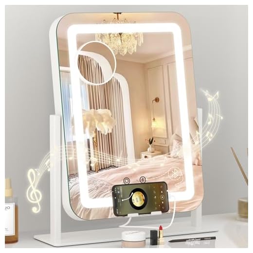 Dripex 5-in-1 Lighted Vanity Mirror with Bluetooth Speaker & Type-C Charging, 15"x12" LED Makeup Mirror with Lights 3 Colors Dimmable, Phone Holder Touch Keys 10X Magnification