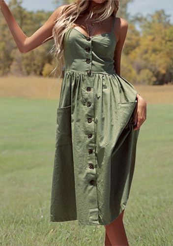 Image of YMING Womens Summer Spaghetti Strap Dresses Button Down Floral Sundress High Waist Swing Midi Dress with Pockets