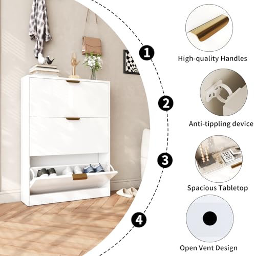 VOWNER Shoe Storage Cabinet with 3 Flip Drawers, Shoe Organizer Cabinet for Entryway, Freestanding Shoes Rack Cabinet