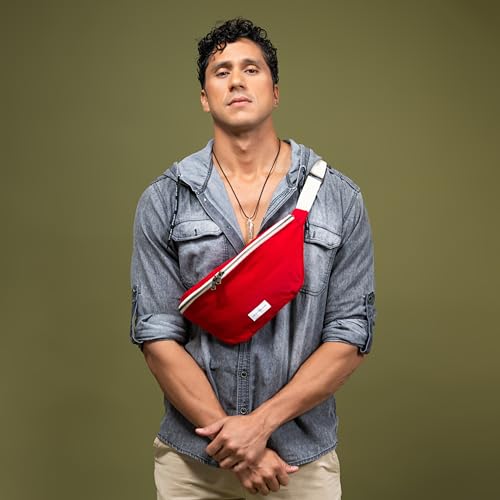 Image of The Peacock Crew Canvas Crossbody Sling Bag for Men & Women - Adjustable Strap, Dual Zippers Left /Right Handed, Secure Everyday Travel Fanny Pack Shoulder Pouch, Trekker Red, Medium, Crossbody Belt