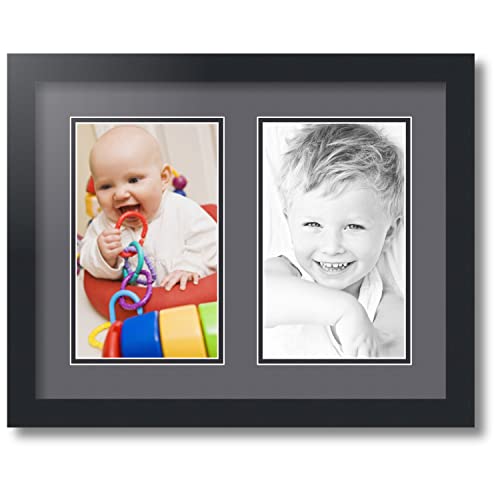 ArtToFrames Collage Photo Frame Double Mat with 2-6x10 inch Openings with Black Frame and Mountain Grey Top Mat