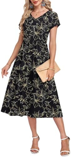 WNEEDU Summer Dresses for Women 2026 Casual V Neck Cap Sleeve Tiered Swing Flowy Midi Dress Beach Vacation Sundress
