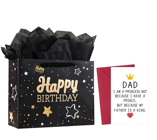 Image of 13 inch Black Happy Birthday Gift Bag with Tissue Paper and Greeting Card for Party,Happy Birthday Gift Bag for Men Fathers, Gift Bags Medium size(1 PCS Black, Attach Dad Cards)