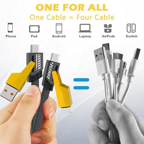 Image of 4 in 1 Fast Charging Cable 65W | Multi Charging Cable with Type-C, USB-A, Lightning | PD Fast Charging Cable (Yellow)