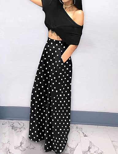 Hresslbd Women's Stretchy Wide Leg Palazzo Lounge Pants Polka Dot, Palazzo Trousers Large Long, Wide Leg Pants With Pockets For Women (Polka Dot-Black, L) #TOP4
