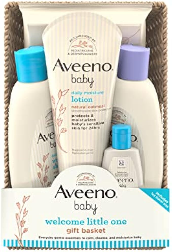 Aveeno Baby Welcome Little One Gift Basket, Baby Skincare Set with Baby Body Wash & Shampoo, Calming Bath Wash, All Over Baby Wipes, & Daily Moisturizing Lotion, 5 Items