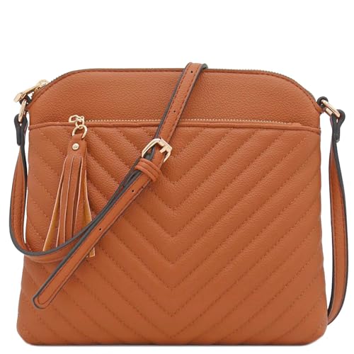 FashionPuzzle Chevron Quilted Medium Crossbody Bag with Tassel Accent (Dark Tan)