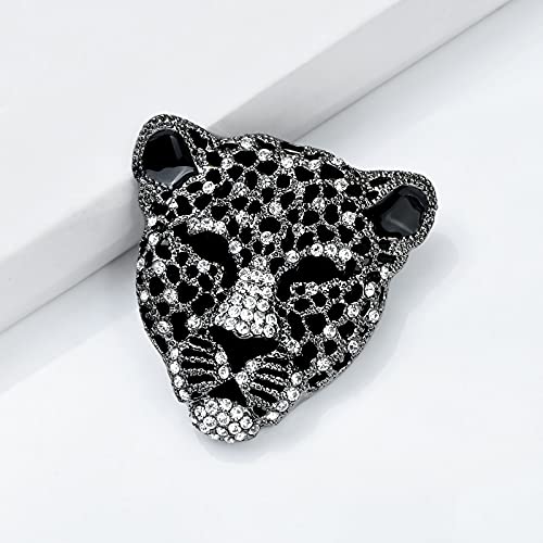 Image of Vintage Black Enamel Spotted Leopard Head Rhinestone CZ Animal Brooch Pin Lapel Pin Badge