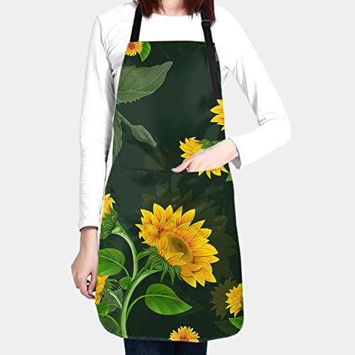 Giwawa Rustic Sunflower Apron With Pockets - Yellow Flowers Kitchen Bib Autumn Sunflower Apron Fall Plants Botanical Floral Aprons For Women Men Adjustable For Cooking Baking Grilling Gardening #TOP3