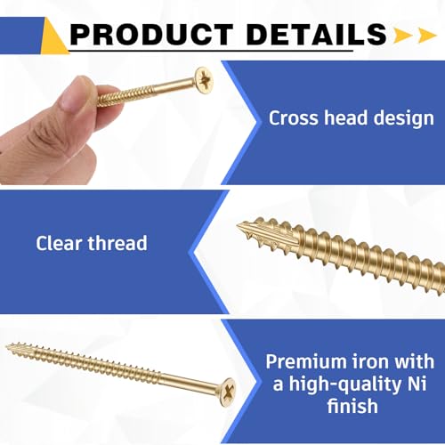 Image of 100 Pack Satin Nickel Wood Screws #9 x 3 Inch Extra Long Heavy-Duty Hinge Screws for Doors, Cabinets, Furniture & DIY Projects, Bright Brass