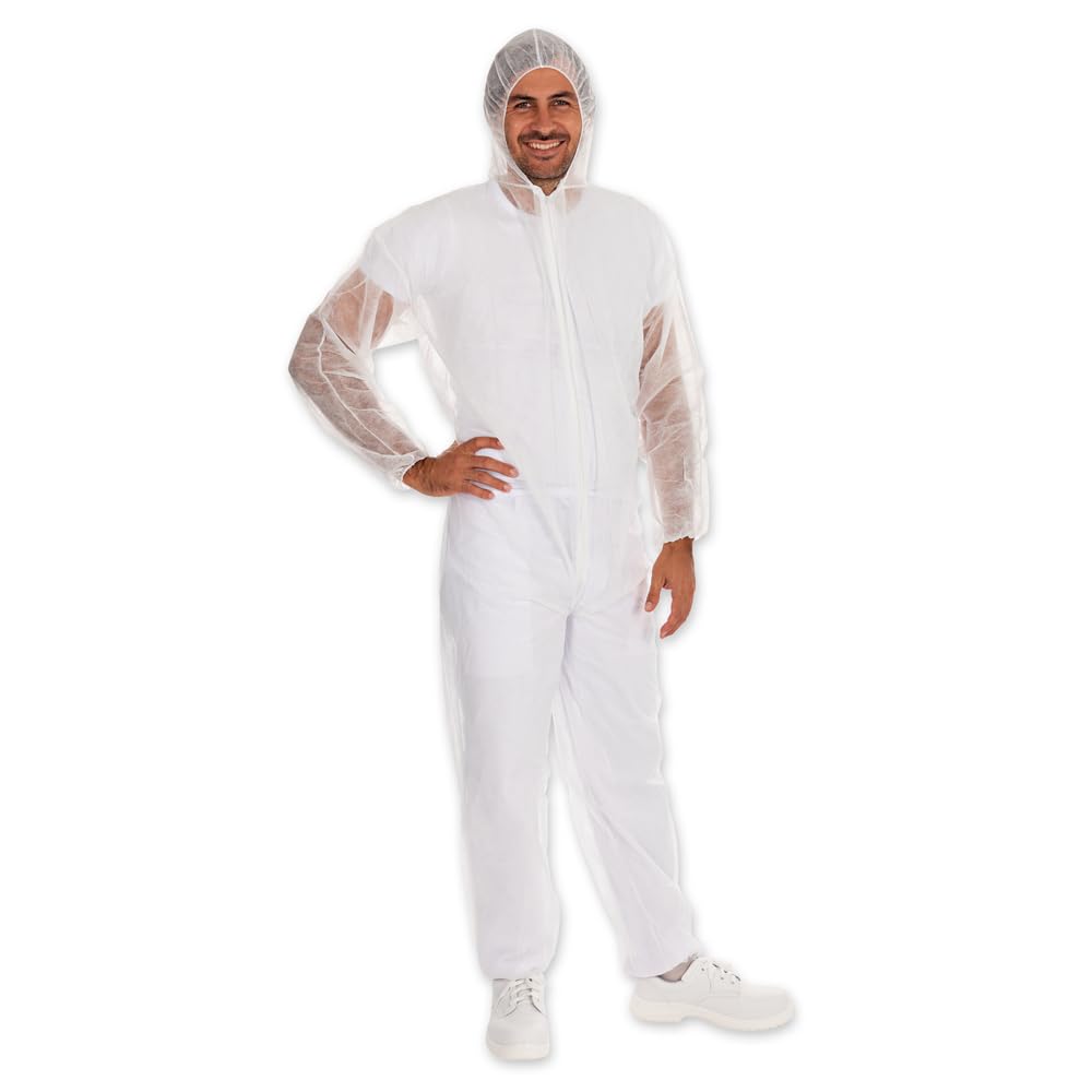 FRANZ MENSCH 50 Stück Hygonorm Overalls Light mit Kapuze | PP, weiß, XXL, Karton, Einweg Overall, Hygienebekleidung, Schutzanzug