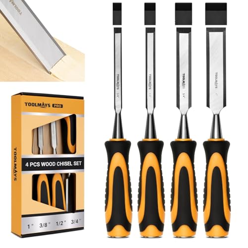 4-Piece Wood Chisel Set, Carbon Steel Blades with Ergonomic Handle, 3/8" 1/2" 3/4" 1" for Woodworking, Durable Metal Strike Cap (5-inch Handle for Comfortable Grip)