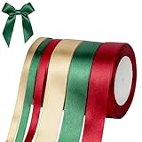 6 Rolle Weihnachtsband Set, 132 m Geschenkband Weihnachten, 10mm und 25mm Breite Polyesterband zum Verpacken von Geschenken, Basteln, Weihnachtsbaumschmuck (Rot,Grün,Gold)