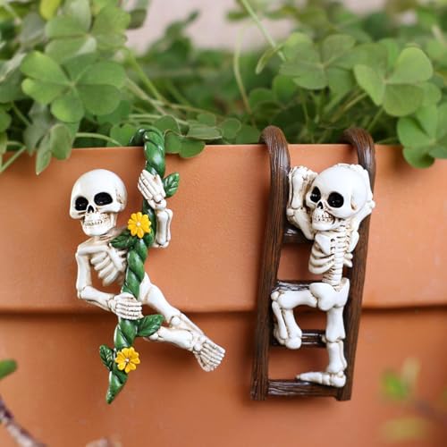 Garten Deko Skelett Figuren, Skelett Blumentopf Hänger Figur, Gartendeko für Draußen Wetterfest, Totenkopf Skulptur, Gothic Deko Mini Harz Skelettfigur Hängend für Teichdeko Miniteich Blumentopf