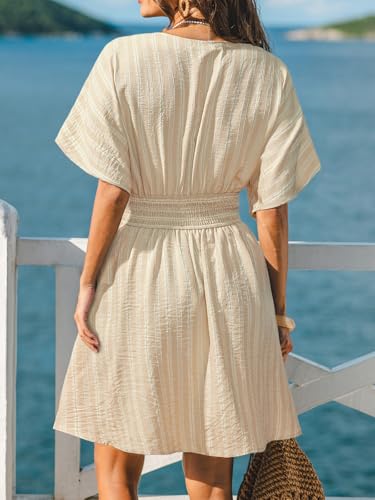 Image of CUPSHE Women Summer Dress Striped V Neck Smocked Waist Front Buttons Sun Dress Casual Vacation Beach Short Mini Dress
