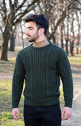 SAOL 100% Merino Wool Men's Irish Traditional Aran Crew Neck Cable Knit Sweater Pullover3