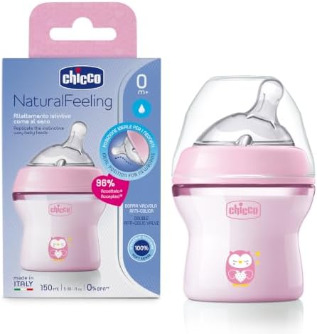 Chicco Natural Feeling PP Feeding Bottle 150ml (Pink) I Double Anti-Colic Valve I Breast Like Latch I Soft Silicone I Food Grade I BPA Free I Wide Neck I New Born | Slow Flow | 0+ Months