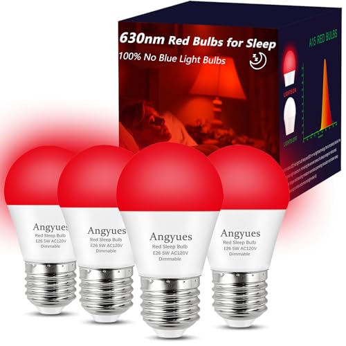 Angyues 630nm Red Sleep Bulb Dimmable, 100% Blue Light Blocking, Promotes Melatonin Production, E26 A15 LED 5W Red Dim Night Light for Baby's Bedroom, Sleeping, Reading, 4Pack