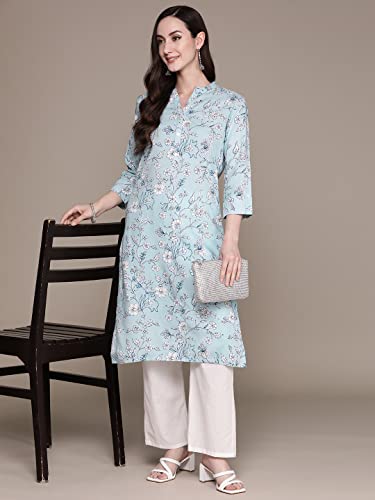 Image of anubhutee Women's Viscose Rayon Blue Ethnic Motifs Printed Straight Kurta