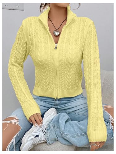 Image of MakeMeChic Women's Cropped Cable Knit Sweater Zip Cardigan Fall Clothes