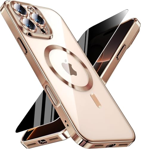 Image of Magnetic for iPhone 16 Pro Max Case with Privacy Screen Protector & Full Camera Cover,[Non-Yellowing] Plating Glossy Soft Shockproof Clear Phone Case with MagSafe Women Girls for 16 ProMax,Desert