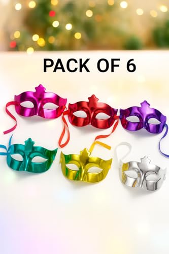 Image of AMFIN (Pack of 6 Metallic Eye Masks for Kids & Adults - Multicolor Masquerade Party Masks - Shiny Costume Masks for Birthday Parties, New Year Celebration, Baby Shower