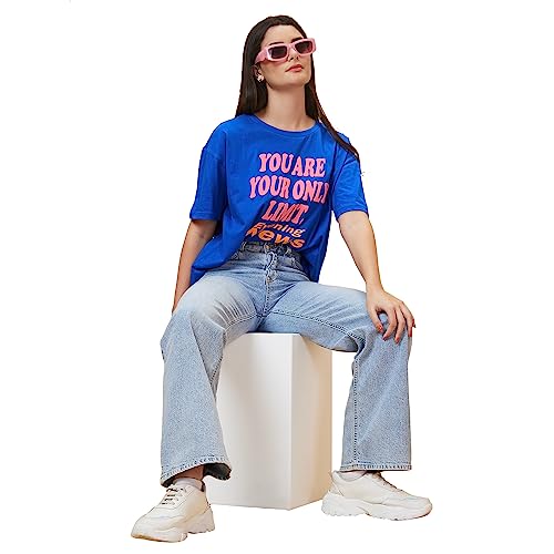 Image of Globus Women Blue Printed Round Neck Casual Boxy Fit T-shirt-3638187001