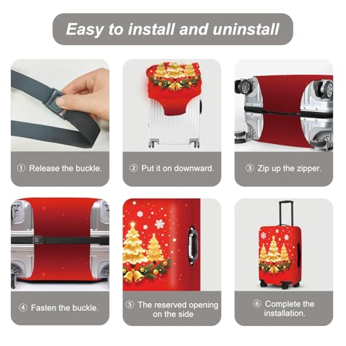 Image of Golden Tree Luggage Cover - Shimmering trees, bells, and holly leaves on a red background, an elegant holiday design, suitable for 32-34 inch suitcase extendable protective cover