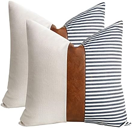 cygnus Set of 2 Farmhouse Decor Stripe Patchwork Linen Throw Pillow Covers,Modern Tan Faux Leather Accent Pillow Covers 18x18 inch,Navy Blue