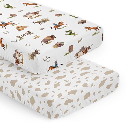 Image of Sweet Jojo Designs 2-Piece Baby Crib Sheets Set (Western Cowboy) for Boys, Infant Nursery, Toddler Room - Fitted, Standard Size (Cow Print, Country, Wild West, Southern Charm, Horse, Farm Animal, Tan)