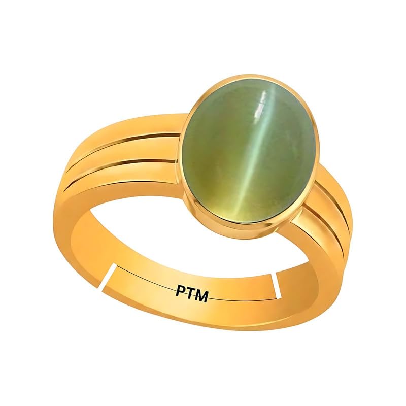 PTM Natural Cats Eye/Lahsunia 3.25 to 10.25 Ratti or 3.00 to 9.50 Carat Astrological Certified Gemstone Panchdhatu/5 Metals Gold Plated Adjustable Ring for Men and Women