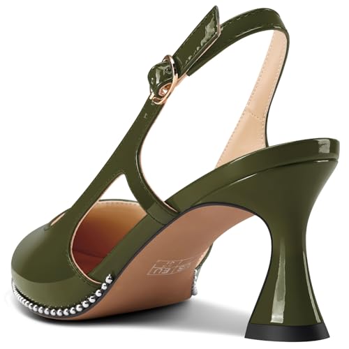 Image of TNYNFBEB Womens Kitten Heel Pointed Toe Pumps Sliver Beaded Slingback Slip-on Buckle Prom Dress Basic Classic Patent Leather Summer 2.6 Inches Heels