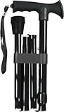 Folding Adjustable Walking Stick with Ergonomic Rubber Handle, 5 Height Settings, Lightweight Aluminum, Wrist Strap, and Non-Slip Tip. Compact for Travel. Supports up to 100kg. Black