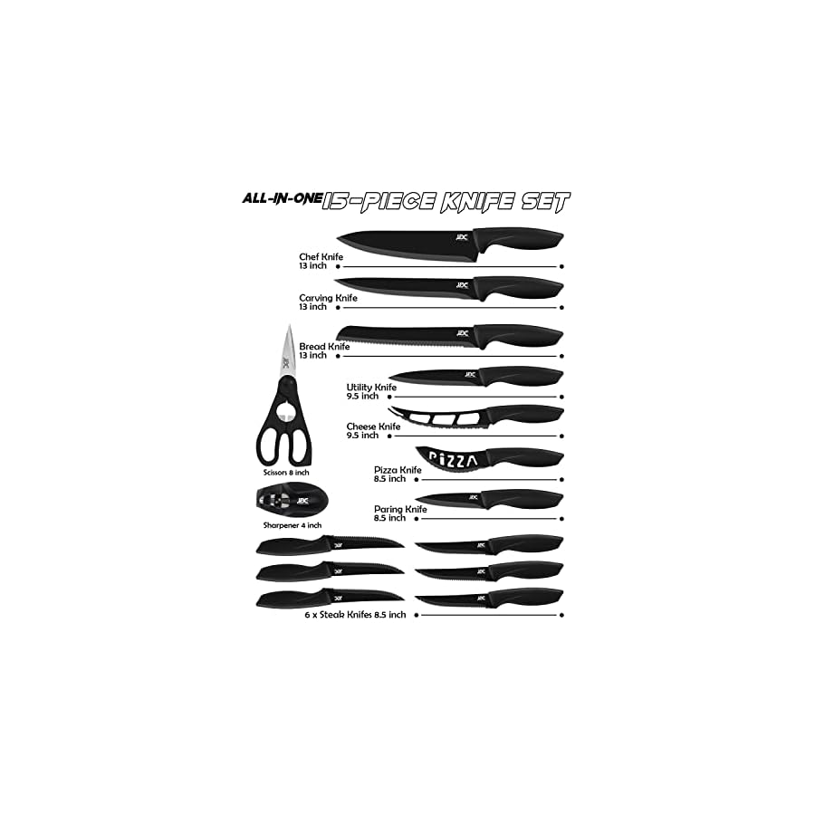 LUX-Decor-15-PCS-Kitchen-Black-Knife-Set-Stainless-Steel-Dishwasher-Safe-Ergonomic-Knives-Set-with-Anti-Slip-Handles-Ultra-Sharp-Blades-Multiple-Variety-of-Knives-with-Scissor-and-Sharpener LUX Décor 15 PCS Kitchen Black Knife Set - Stainless Steel Dishwasher Safe Ergonomic Knives Set with Anti-Slip Handles - Ultra-Sharp Blades - Multiple Variety of Knives with Scissor and Sharpener