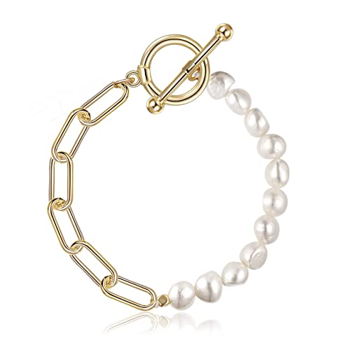 Cowlyn Paperclip Pearl Bracelet Baroque Culture Link Chain 18K Gold Plated Dainty Handmade Bangle Charm Jewelry Present For Women Girls #TOP27