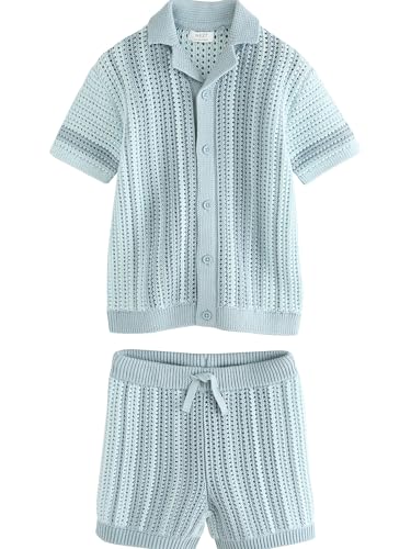 NEXT Jungen Standard Kurzarm-Hemd mit Häkel- + Strickdetails und Shorts Blau 110-116