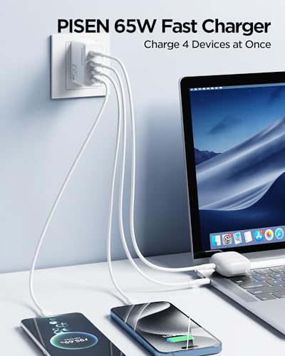 PISEN 65W USB C Charger - USB C Fast Charger Block with 4FT Type C to C Cable, GaN Charger PPS 4-Port Fast Compact Foldable, USB Wall Charger for MacBook Pro/Air, iPad Pro, Galaxy S23, iPhone Series