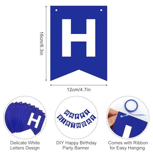 Image of Happy Birthday Banner Sign, Birthday Garland Wall Door Hanging Banners Flag for Women Men Boys Girls Party Backdrop Decorations, Personalized Name Banner White Letters Blue