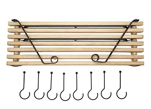 Soduku Pot Pan Rack with Solid Wood Shelf, Wall Mounted Multifunctional Kitchen Hanging Organizer with 8 Hooks for Pots Pans Lids Utensils Cookware Natural