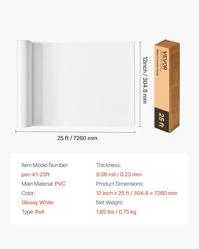 Image of VEVOR Heat Transfer Vinyl, 12 in x 25 ft, Glossy White HTV Iron on Vinyl Roll, Easy to Cut and Weed, Strong Adhesion, Compatible with Cutting Machines, for Various Materials, T-Shirts, Pillows, Hats